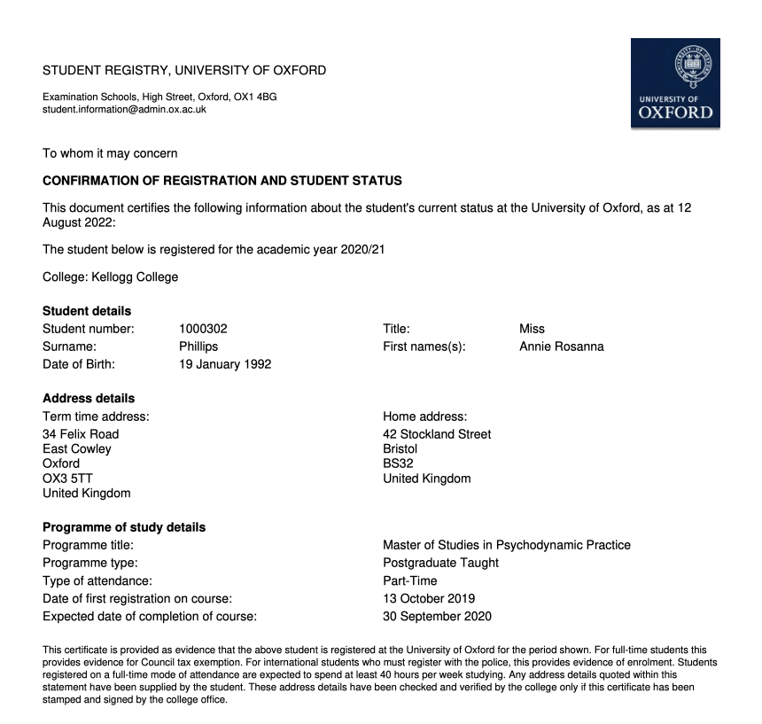 Student Self Service University of Oxford